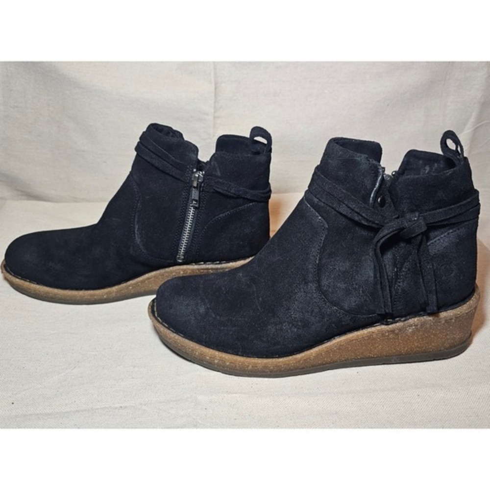 Born Womens Black Suede Wedge Ankle Boots Side Zip Tie Detail Size 9